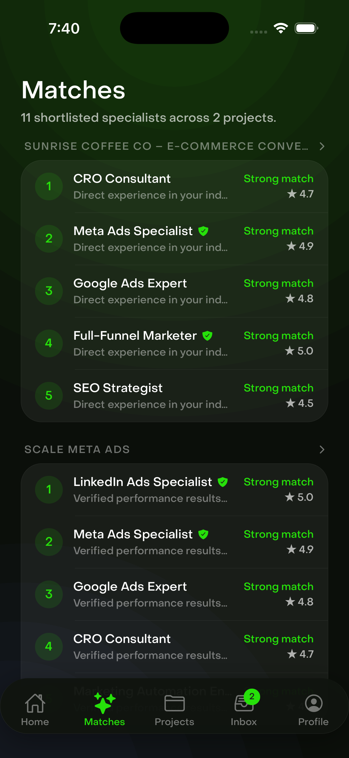 The Matches screen, showing eleven shortlisted specialists across two projects, each with a match strength, a reason and a rating.